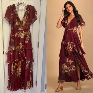 Lulu’s Floral Burgundy Tiered Maxi Dress